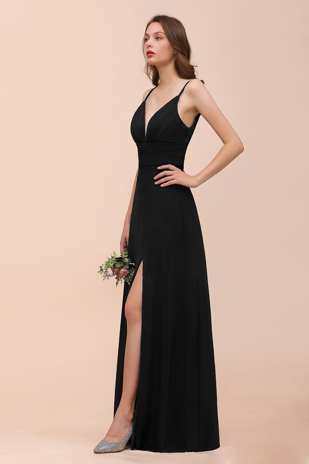 Deep V Neck Spaghetti Straps Slit Long Black Bridesmaid Dresses