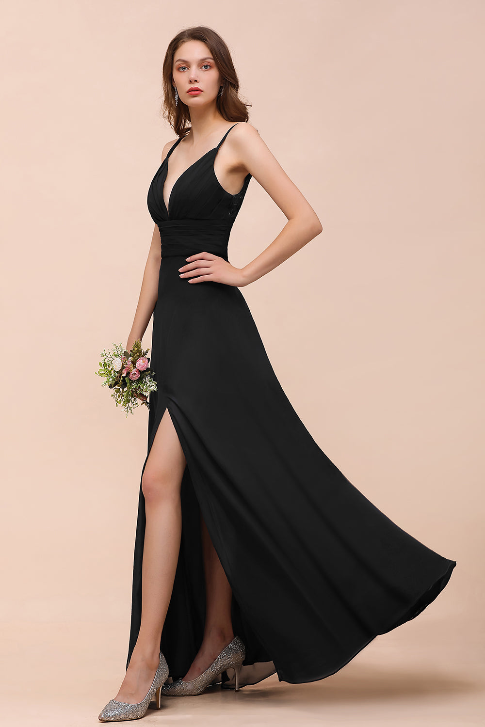 Deep V Neck Spaghetti Straps Slit Long Black Bridesmaid Dresses