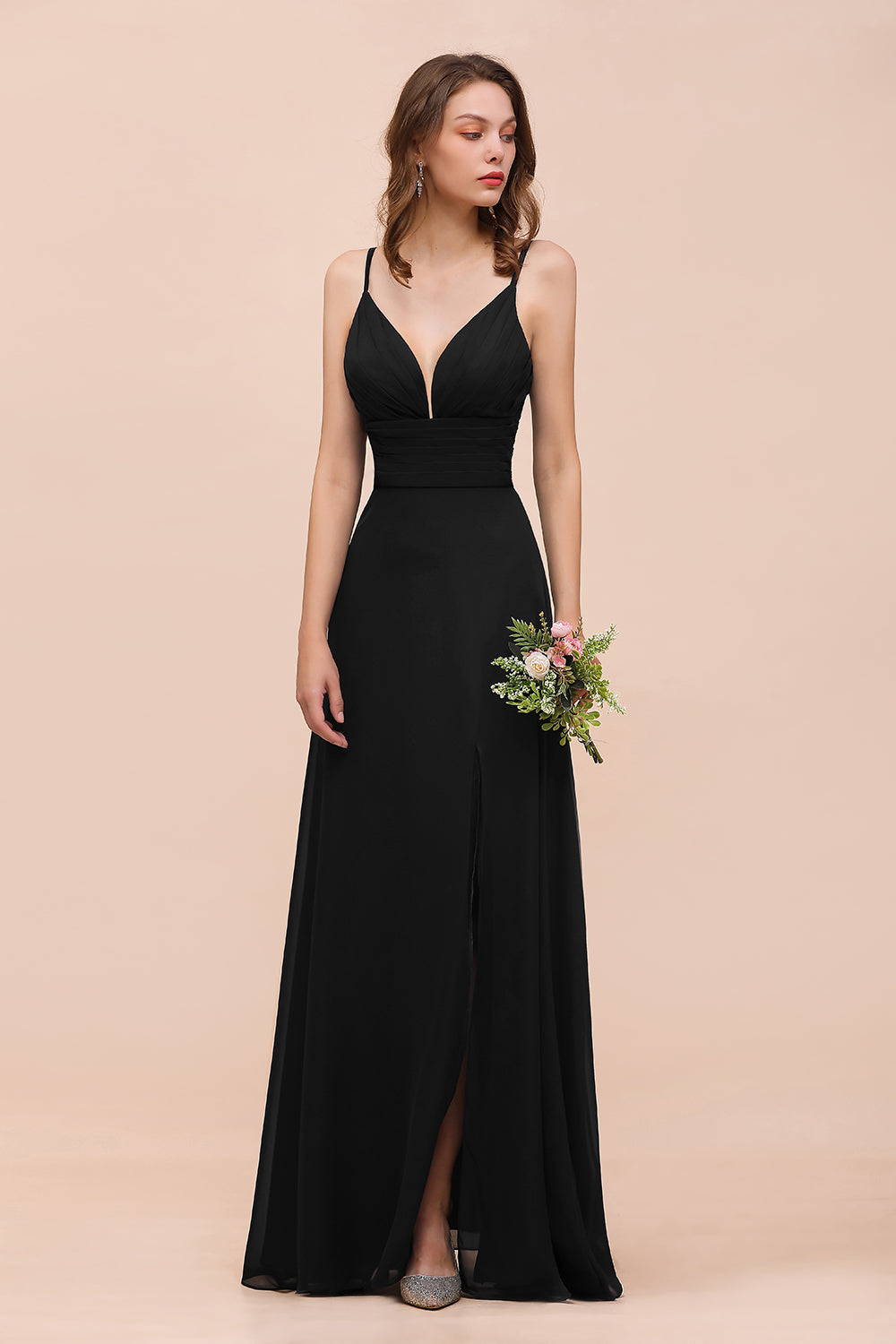 Deep V Neck Spaghetti Straps Slit Long Black Bridesmaid Dresses