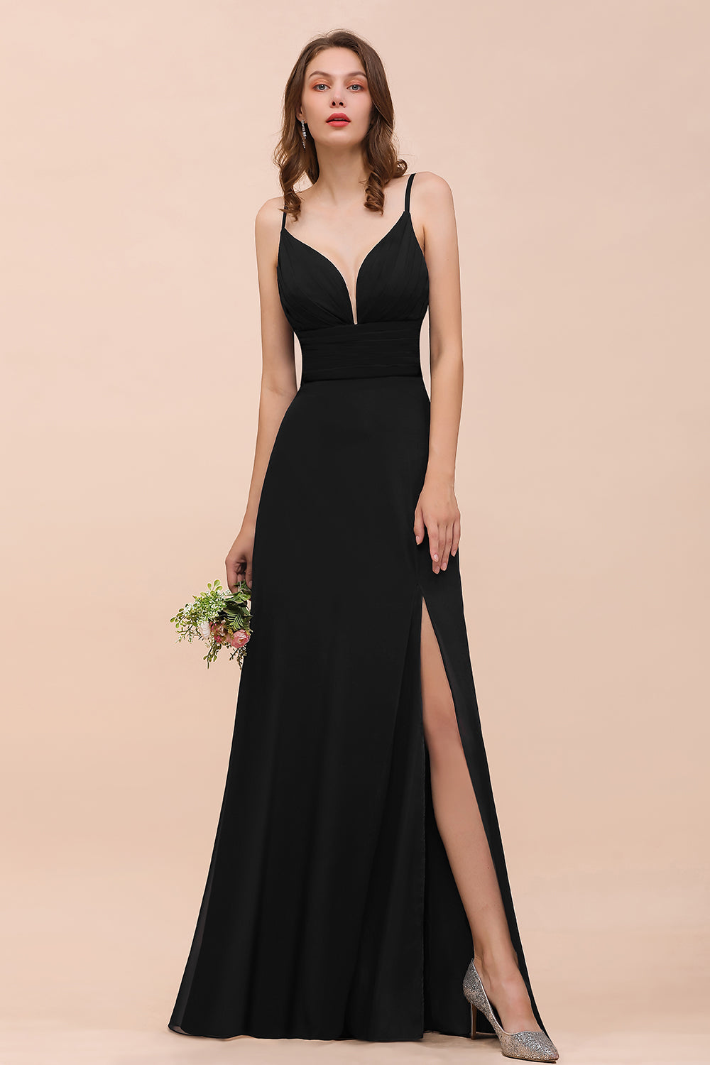 Deep V Neck Spaghetti Straps Slit Long Black Bridesmaid Dresses