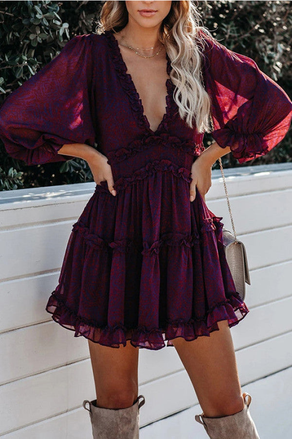 Deep V-Neck Backless Ruffled Mini Dress - Mislish