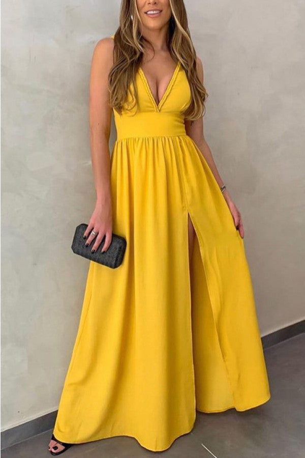 Yellow Deep V-neck Sleeveless Slit Dress - Mislish