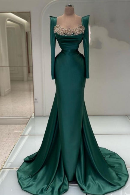 Designer Long Dark Green Beaded Pearls Mermaid Prom Dress with Long Sleeves - Fashionpara