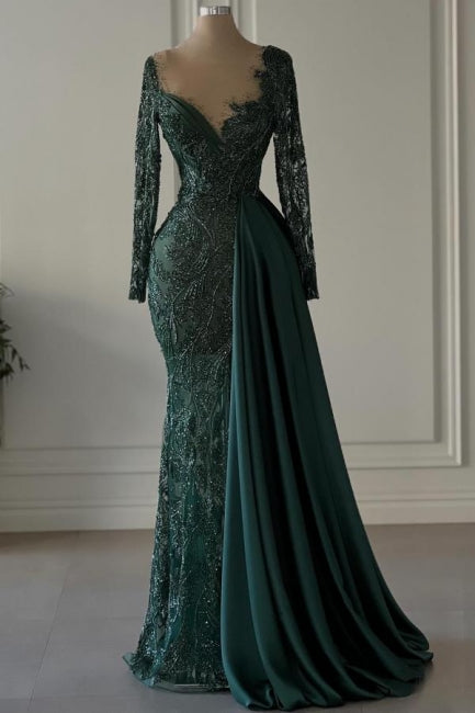 Designer Long Dark Green V-neck Lacy Mermaid Prom Dress with Graceful Long Sleeves - Fashionpara