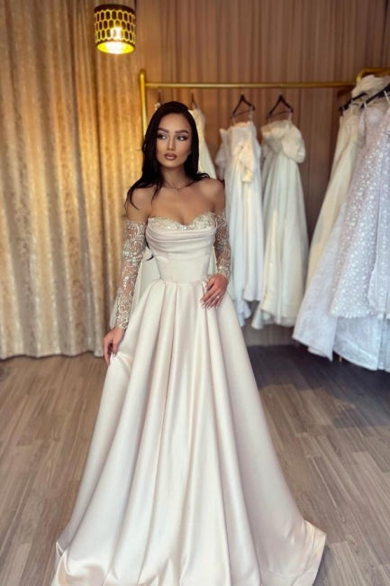 Designer Long Simple A-line Sweetheart Sequined Satin Prom Dress with Elegant Sleeves