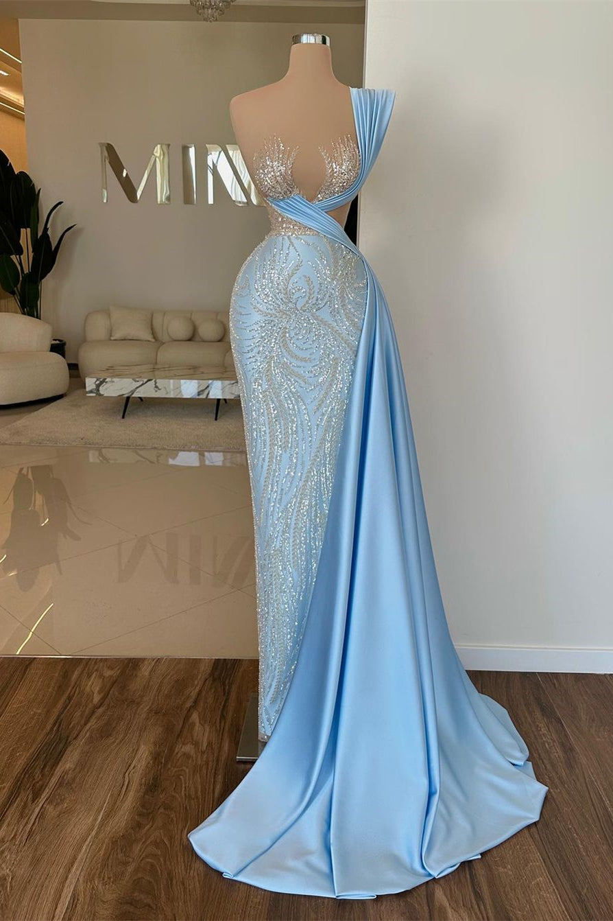 Designer Long Sky Blue One Shoulder Sequined Prom Dress With Lace Details - Fashionpara