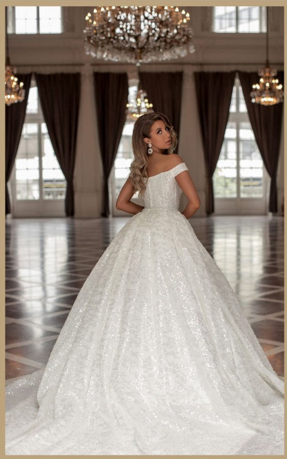 Elegant Designer Princess Long White Off-the-shoulder Glittering A-line Wedding Gown