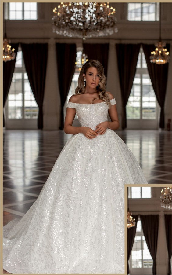 Elegant Designer Princess Long White Off-the-shoulder Glittering A-line Wedding Gown