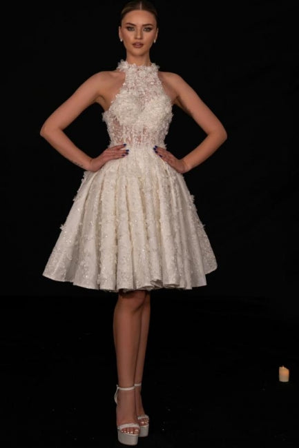 Designer Short A-line Lace Beaded Sequined Sleeveless Bridal Dress