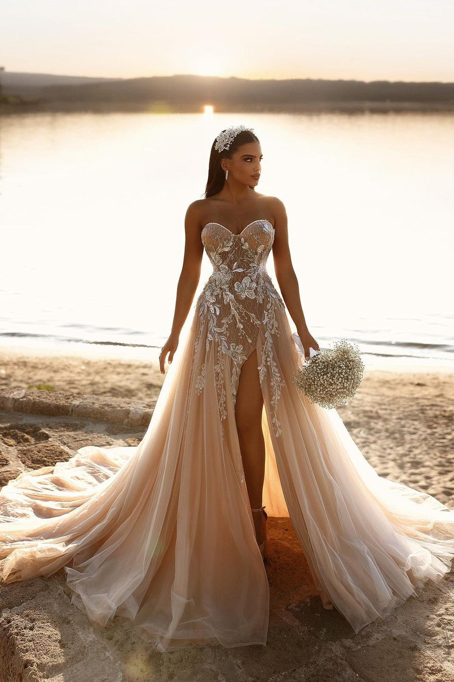 Designer Sweetheart Long A-line Glittering Lace Wedding Dress with High Slit