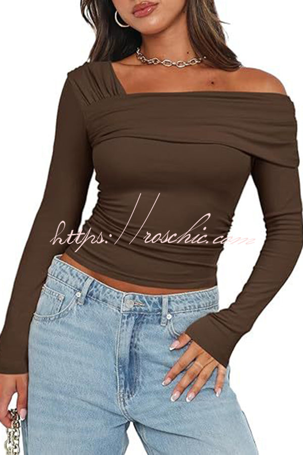 Pleated One Shoulder Pullover Long Sleeved Top