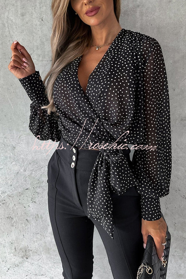 Unique Printed V Neck Strappy Pleated Shirt