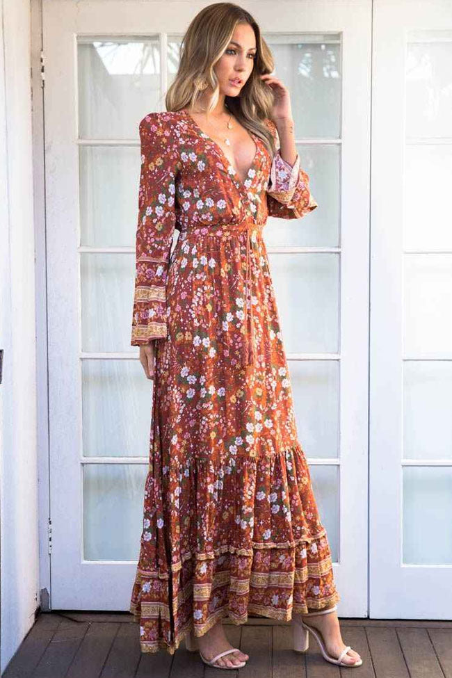 Ditsy Floral Long Sleeve V Neck Boho Chic Maxi Dress - Burnt Orange - Fashionpara