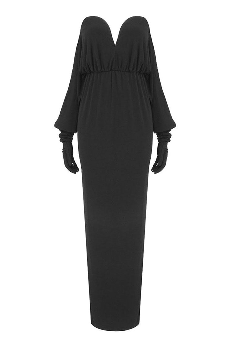 Diva Deep V Bustier Draped Off Shoulder Full Opera Glove Jersey Evening Maxi Dress - Fashionpara