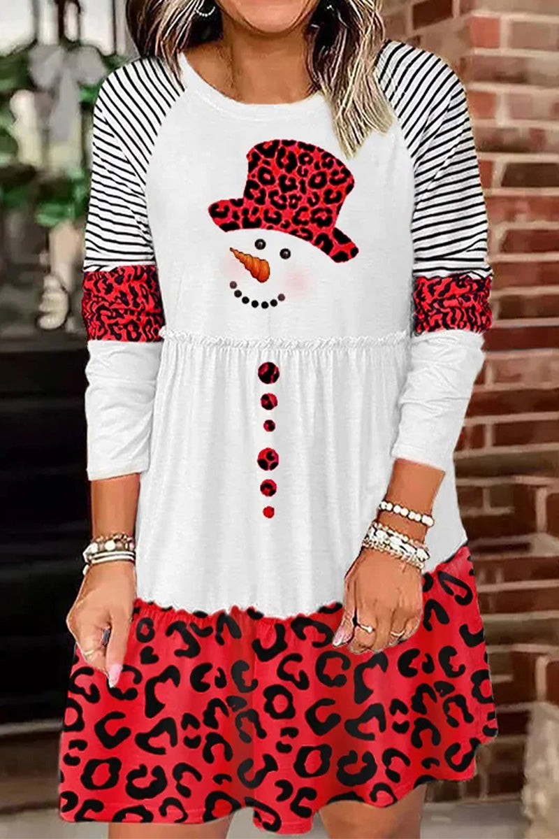 Christmas Snowman Print Long Sleeve Dress