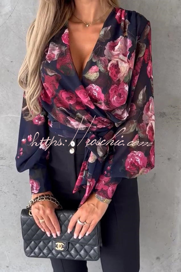 Unique Printed V Neck Strappy Pleated Shirt