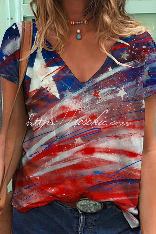 Independence Day Printed V Neck Short Sleeve T-Shirt