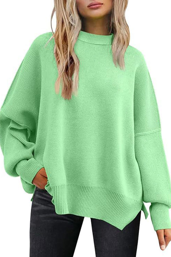 Distressed Knit Side Slit Long Sleeve Pullover Sweater