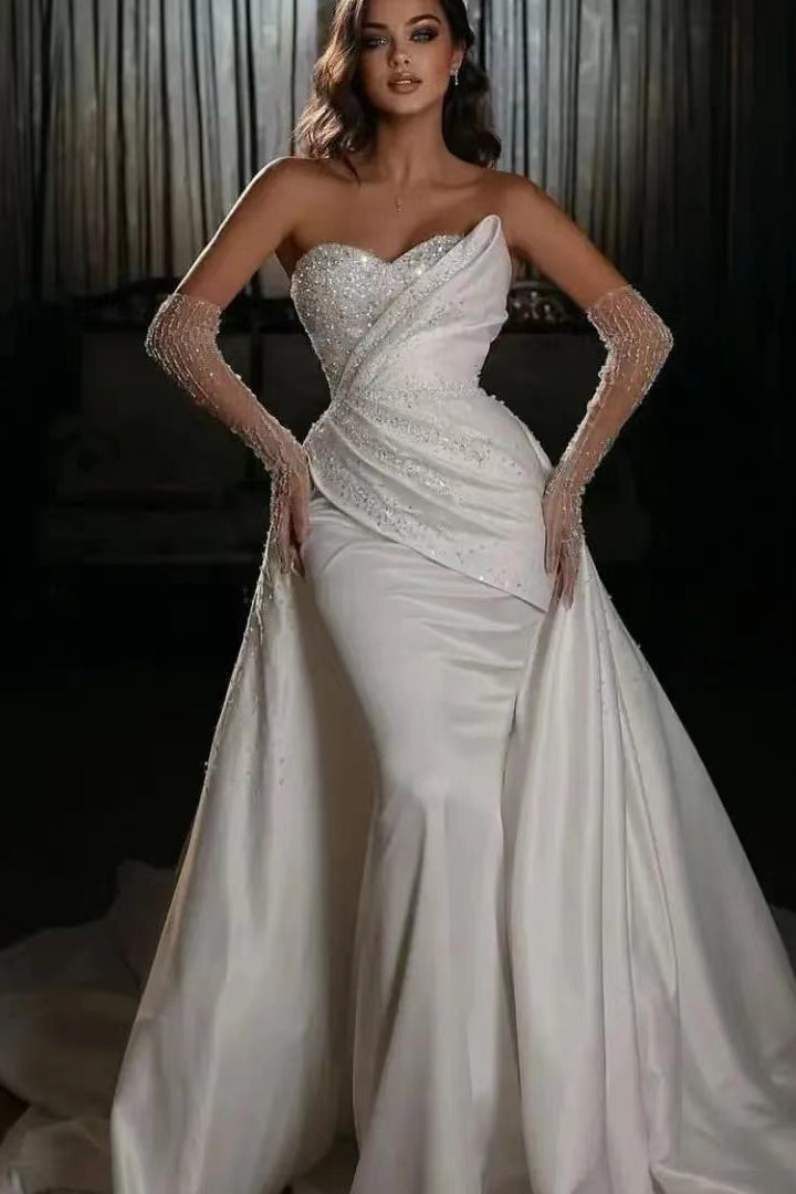 White Long Sleeve Sweetheart Beaded Mermaid Bridal Gown with Removable Skirt