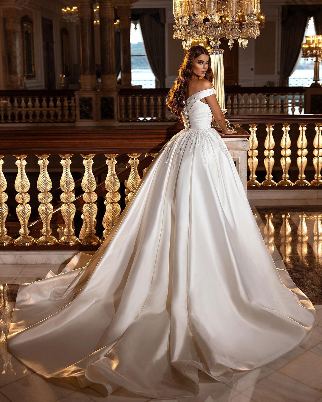 A-Line Off-the-Shoulder Sweetheart Backless Satin Bridal Gown with Ruffles and Appliques