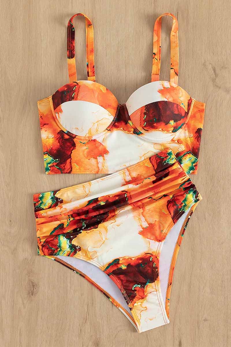 Marble Print Ruched Push Up Two Piece Swimsuit