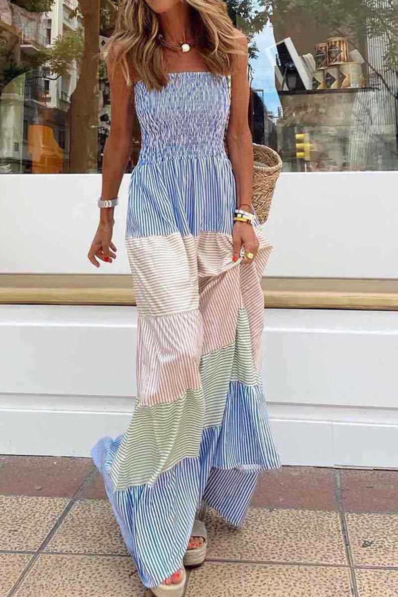 Colorblock Striped Straps Smocked Maxi Dress