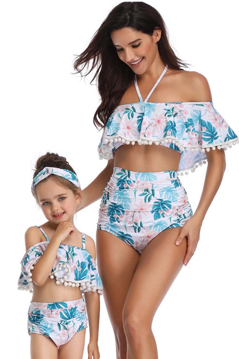 Halterneck Leaf Print Parent-child Two Pieces Swimsuit