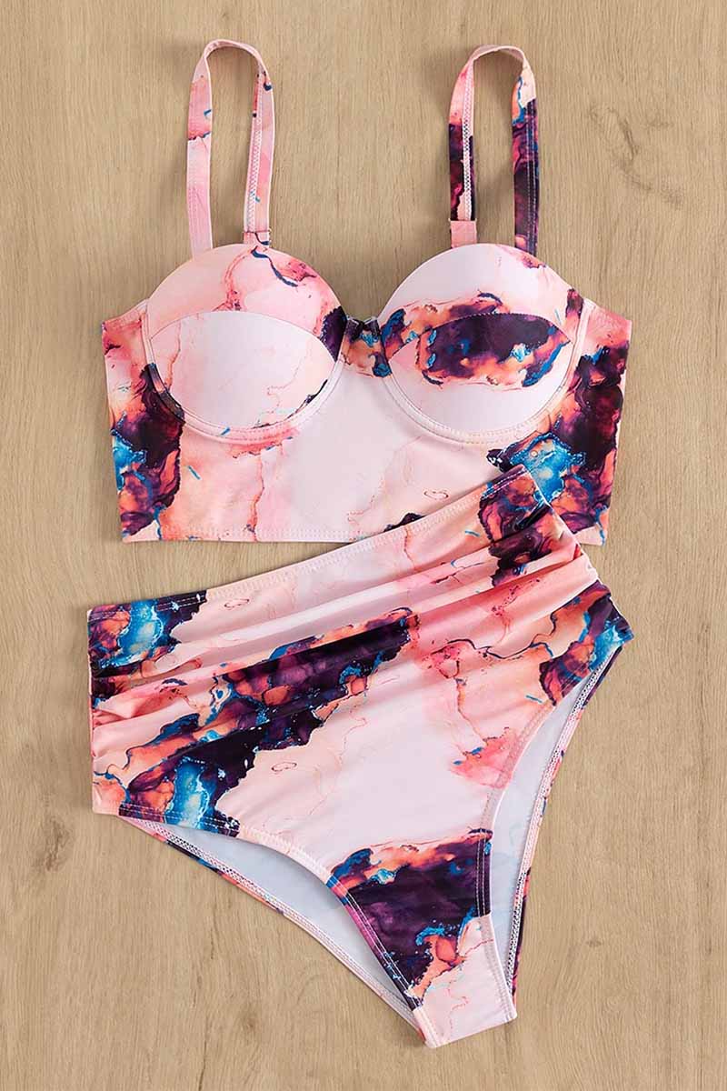 Marble Print Ruched Push Up Two Piece Swimsuit