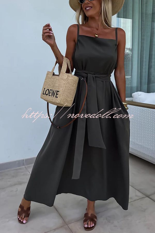 Long Story Solid Color Belted Pocket A-line Breathable Maxi Dress - Fashionpara