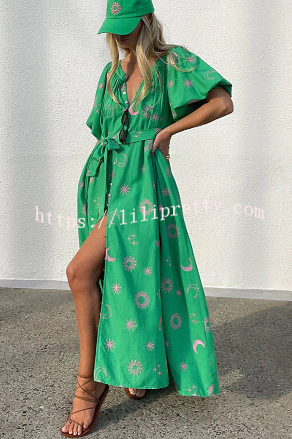 Relaxed Look Sun Moon and Stars Print Puff Sleeve Button Pocketed Loose Maxi Dress - Fashionpara