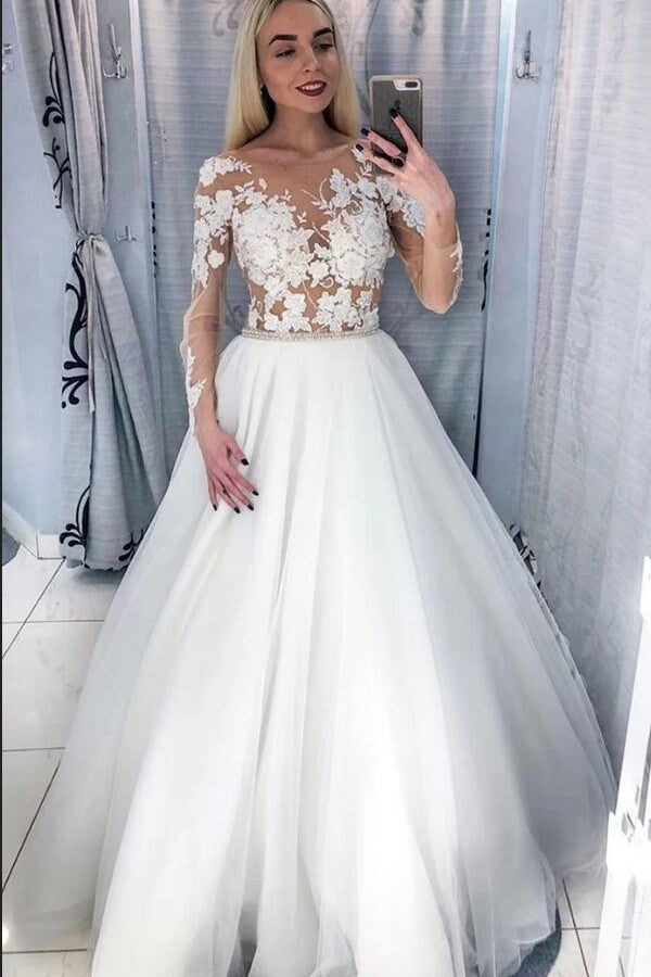 A-line Crystal Bridal Gown Deep V-neck Floor-Length With Lace Appliques