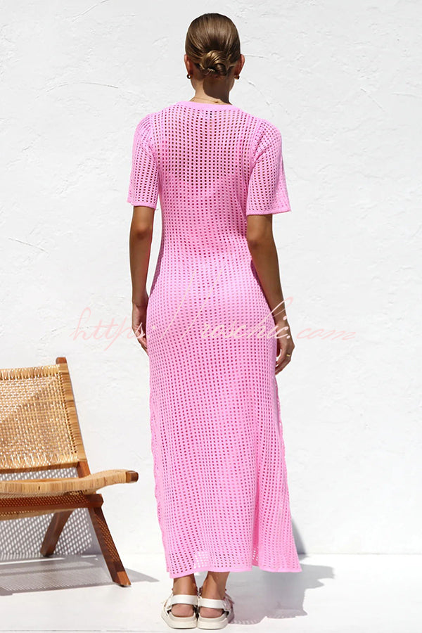 Sunkissed Shores Crochet Knit Short Sleeve Lightweight Maxi Dress(separate Slip) - Fashionpara