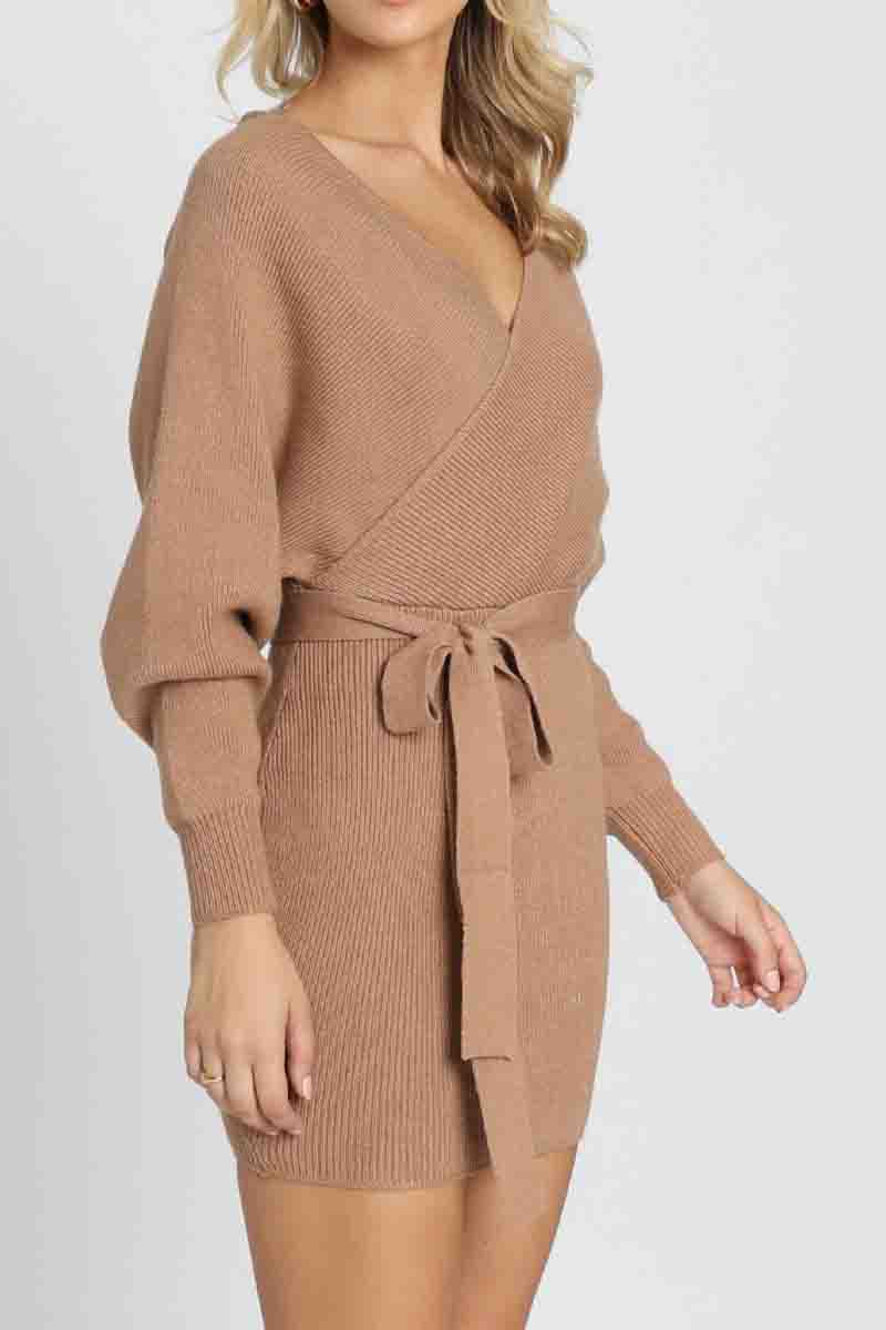 V Neck Knit Sweater Dress（3 Colors）