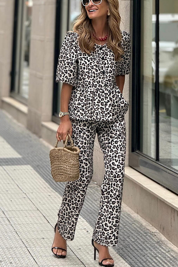 Colette Leopard Print Half Sleeve Babydoll Top and Elastic Waist Pocketed Pants Set - Fashionpara