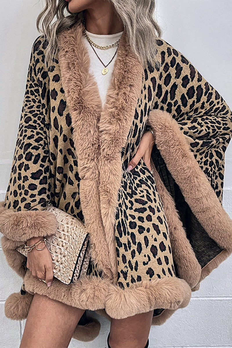 Fur Collar Leopard Shawl Sweater