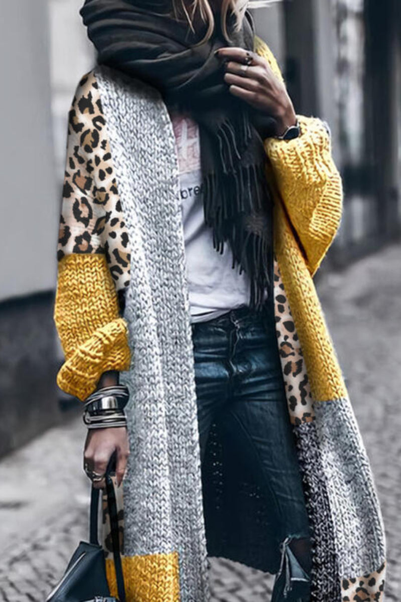 Color Block Leopard Casual Long Cardigan