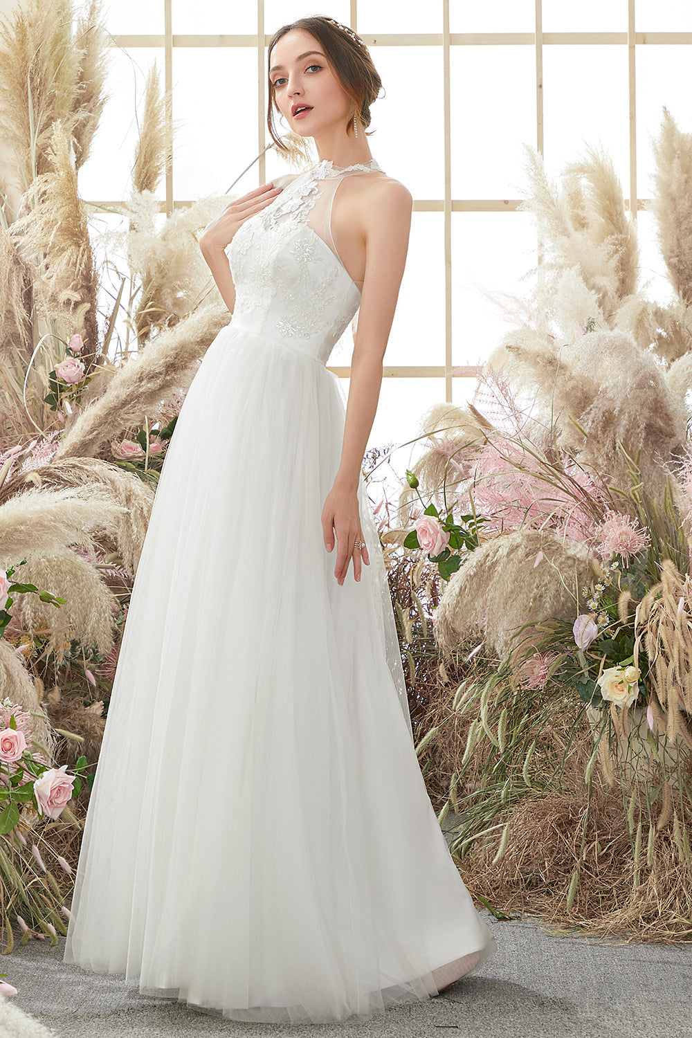 White Halter Neck Wedding Dress