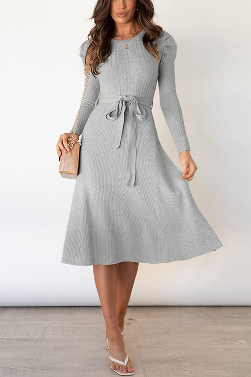 Puff Long Sleeve Belted Knit Sweater Dress