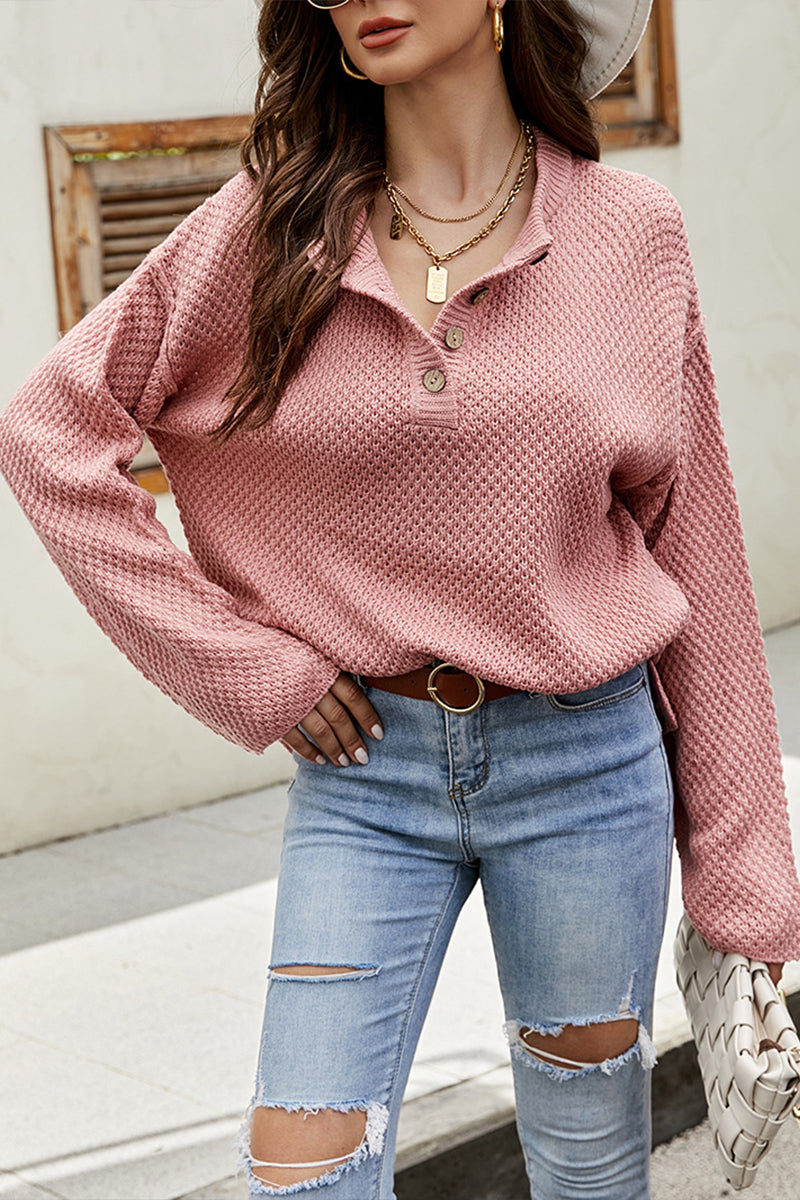 O Neck Waffle Single-breasted Knit Sweater