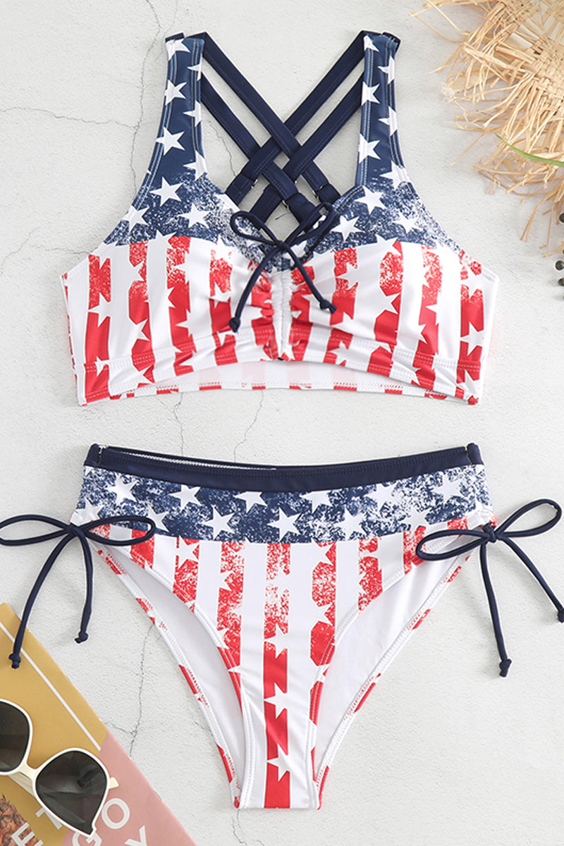 American Flag Star Print Drawstring Two Piece Swimsuit