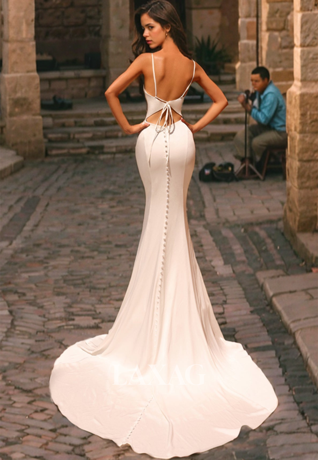 Couture Deep V-Neck Spaghetti Straps Sleeveless Mermaid Wedding Dress with Sweep Train - Fashionpara