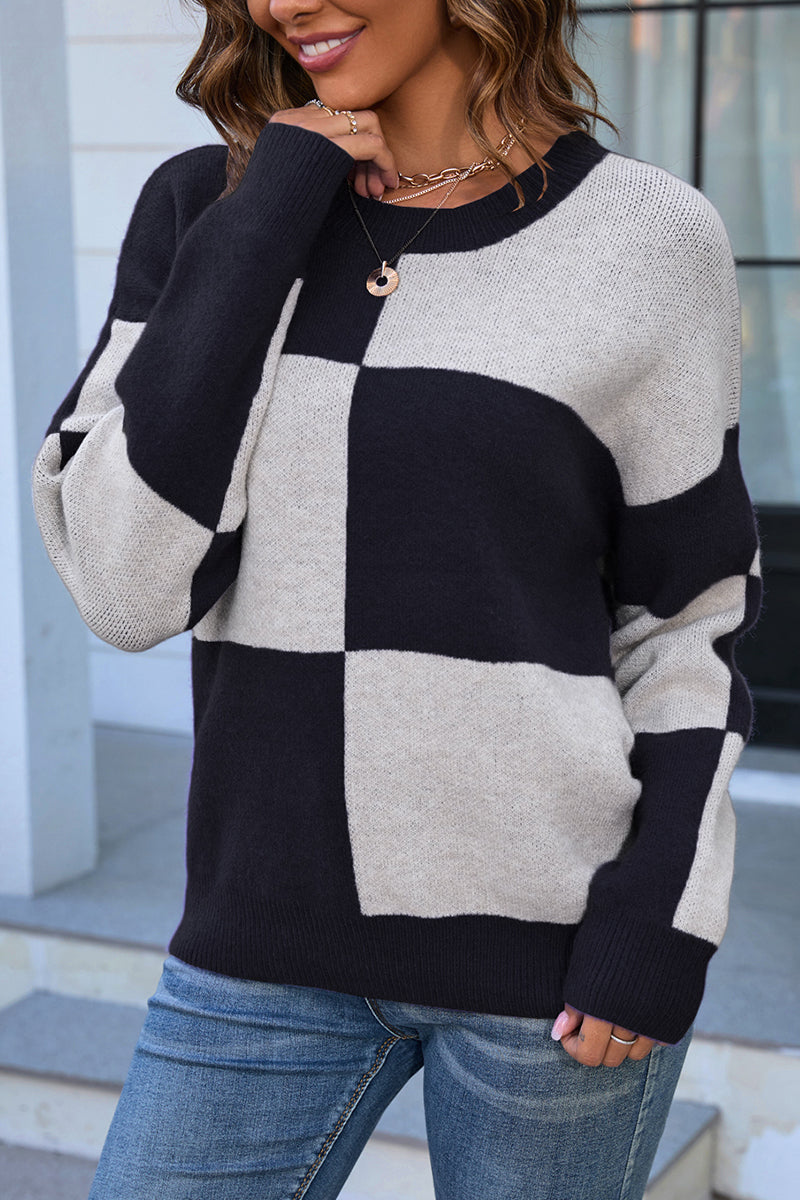 Plaid Colorblock Round Neck Knit Pullover Sweater