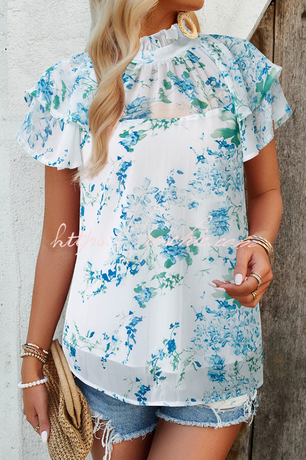 Floral Print Paneled Pleated Crew Neck Pullover Short Sleeved Top