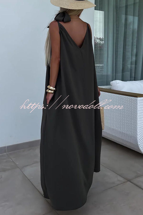 Long Story Solid Color Belted Pocket A-line Breathable Maxi Dress - Fashionpara