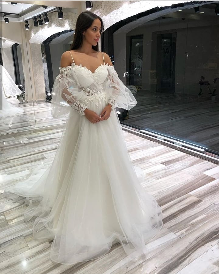 A-Line Off-the-Shoulder Long Sleeve Spaghetti Strap Bridal Gown with Lace Appliques and Tulle