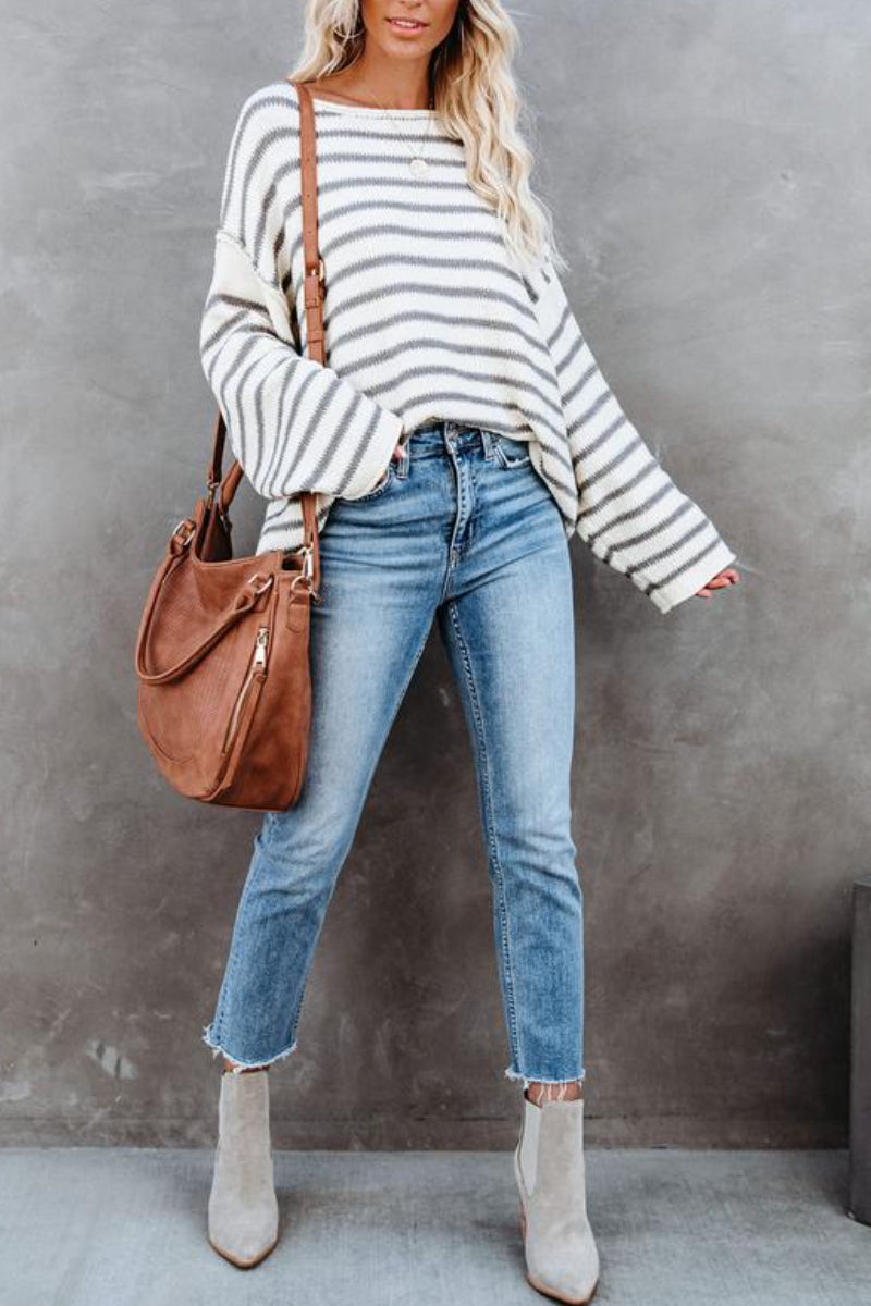 O Neck Striped Loose White Sweater