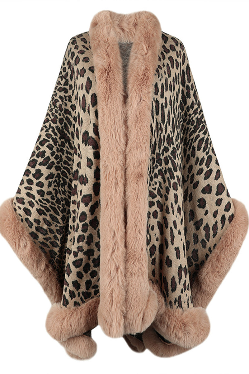 Fur Collar Leopard Shawl Sweater