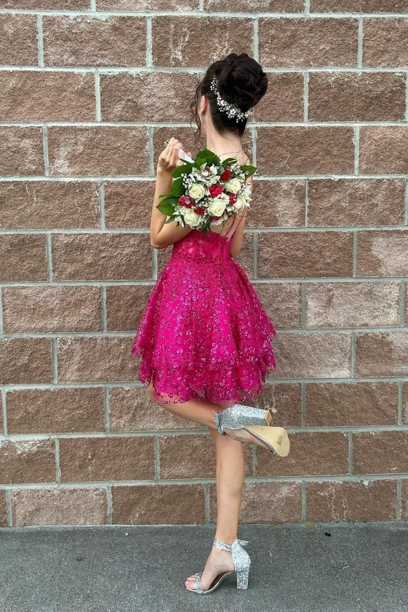 Hot Pink A-Line Sequin Lace Short Homecoming Dress