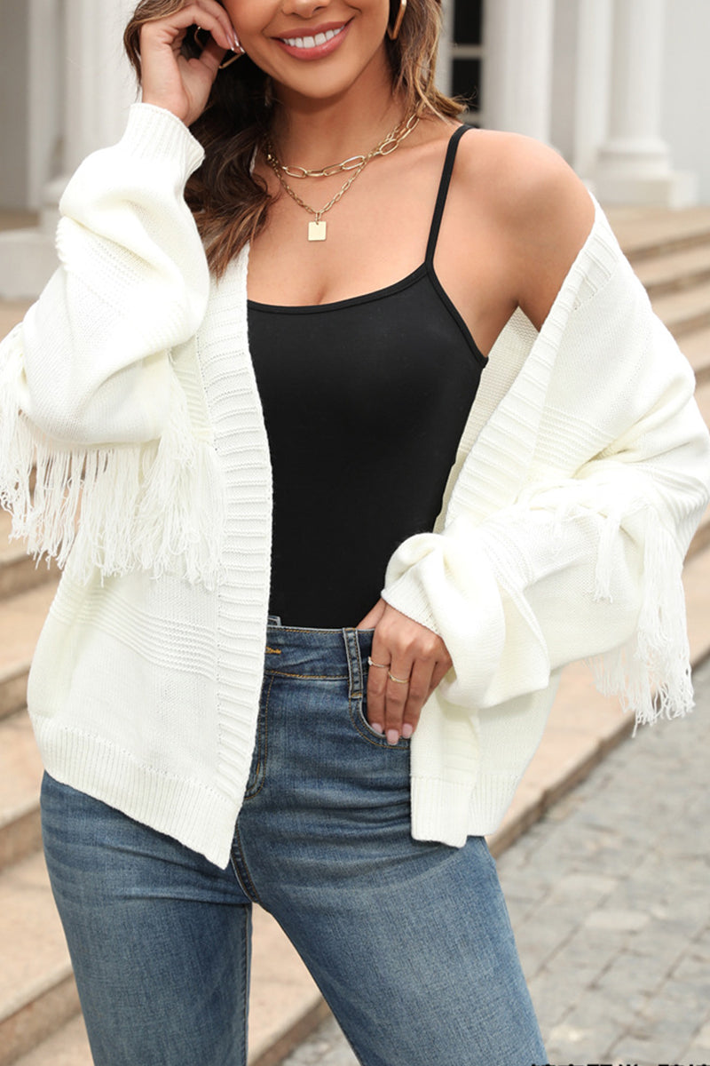 Cropped Solid Color Fringe Cardigan Sweater