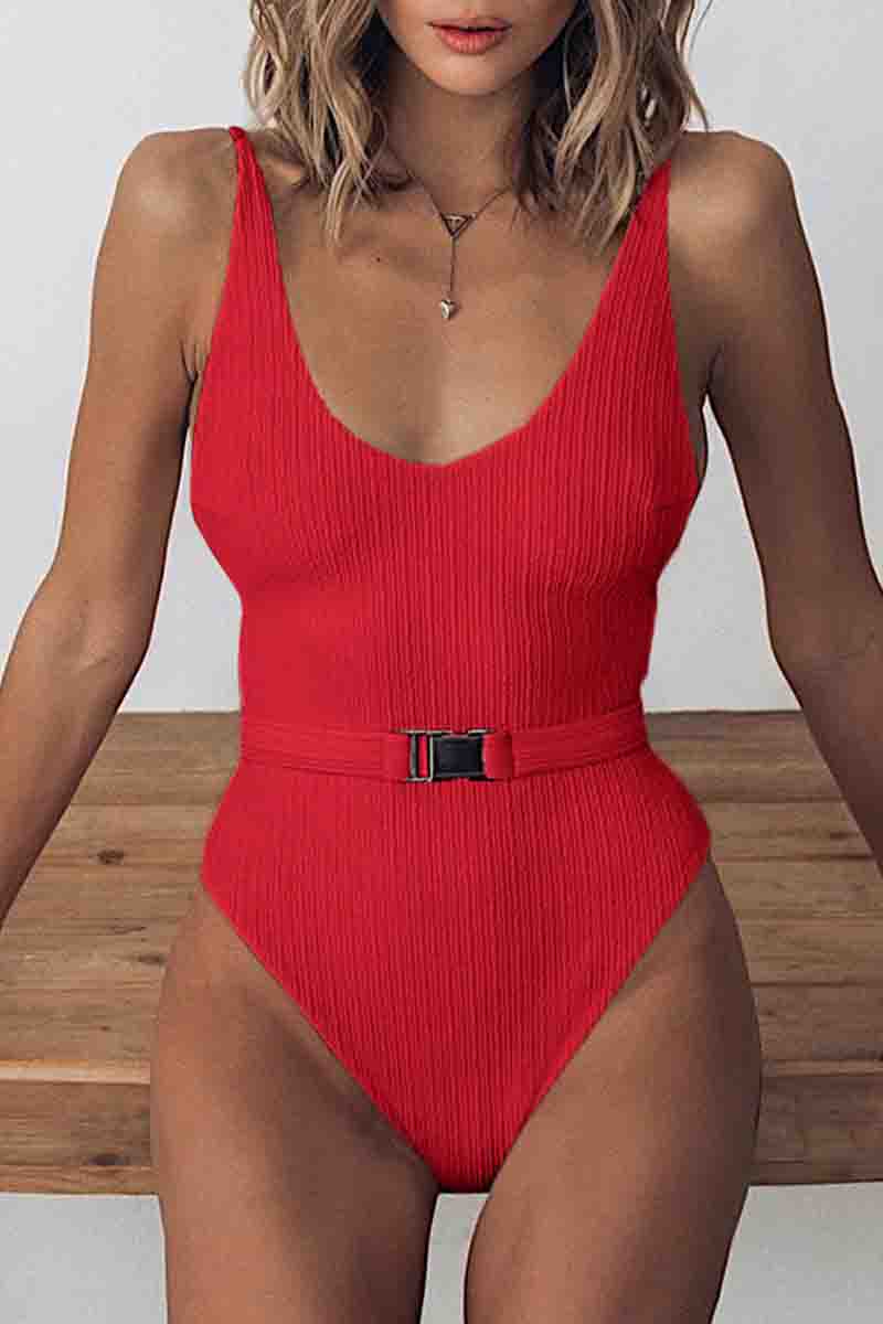 Belt Design Solid One-piece Swimsuit (5 Colors)